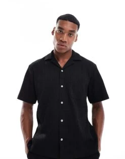 Selected Homme Waffle Revere Collar Shirt In Black For Men -Modish Mens Shop 206376742 1 black 1