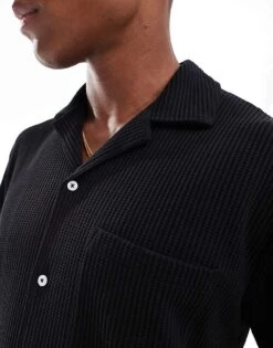 Selected Homme Waffle Revere Collar Shirt In Black For Men -Modish Mens Shop 206376742 3
