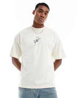 Selected Homme Oversized T-shirt With Botanical Chest Print In White For Men Egret