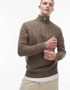 Selected Homme Knitted Half Zip Jumper In Tan For Men Morel