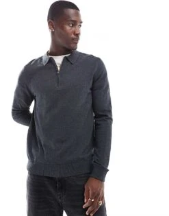 Selected Homme Half Zip Long Sleeve Polo Shirt In Grey For Men Anthracite