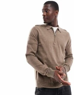 Selected Homme Half Zip Long Sleeve Polo Shirt In Tan For Men Teak