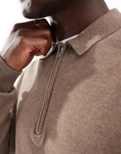 Selected Homme Half Zip Long Sleeve Polo Shirt In Tan For Men Teak -Modish Mens Shop 206532038 3