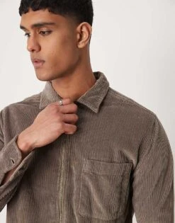 Selected Homme Zip Through Cord Shirt In Tan For Men Morel -Modish Mens Shop 206542899 3