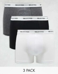 Selected Homme 3 Pack Trunks In Black White Grey With Waistband For Men