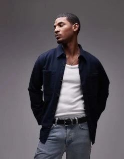 Selected Homme Oversized Shirt With Pockets In Navy For Men Sky Captain