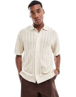 Selected Homme Oversized Crochet Shirt In Cream For Men Oatmeal