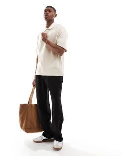 Selected Homme Oversized Rugby Polo Shirt In Cream With White Collar For Men Oatmeal -Modish Mens Shop 206750597 3