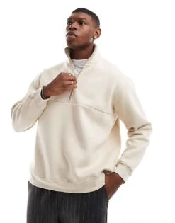 Selected Homme Oversized Half Zip Sweatshirt In Cream For Men Oatmeal