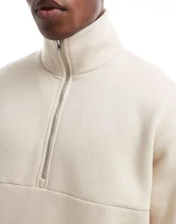 Selected Homme Oversized Half Zip Sweatshirt In Cream For Men Oatmeal -Modish Mens Shop 206750748 3