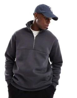 Selected Homme Oversized Half Zip Sweashirt In Charcoal Grey For Men Asphalt -Modish Mens Shop 206750759 1 asphalt 1