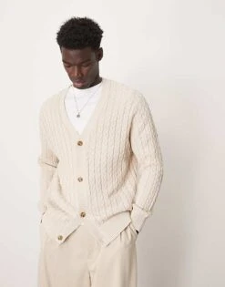 Selected Homme Cable Knit Cardigan In Cream For Men Oatmeal
