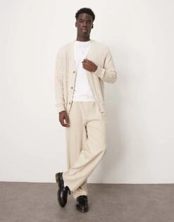 Selected Homme Cable Knit Cardigan In Cream For Men Oatmeal -Modish Mens Shop 206935183 3