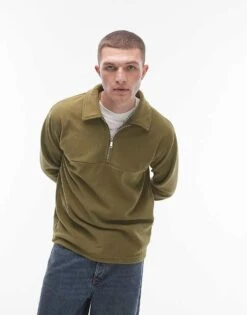 Selected Homme Borg Half Zip Fleece In Green For Men Olive Branch -Modish Mens Shop 206937599 4