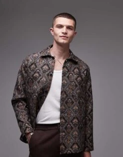 Selected Homme Overshirt In Brown Jacquard Print For Men