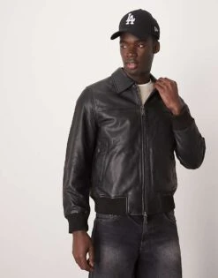 Selected Homme Collar Boxy Leather Jacket In Black For Men