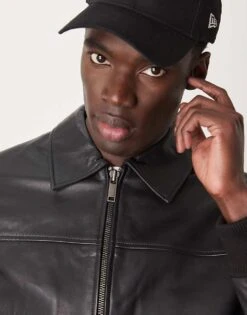 Selected Homme Collar Boxy Leather Jacket In Black For Men -Modish Mens Shop 206945324 3