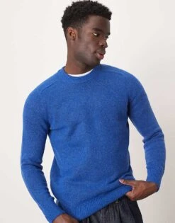 Selected Homme Crew Neck Fluffy Alpaca Knitted Jumper In Blue For Men