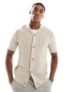 Selected Homme Knitted Shirt With Applique Pattern In Cream For Men Moonbeam