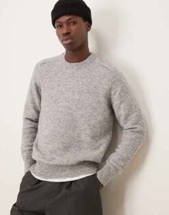 Selected Homme Crew Neck Fluffy Alpaca Knitted Jumper In Grey For Men