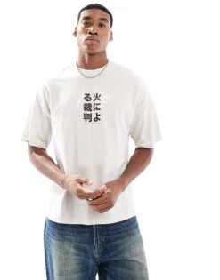 Selected Homme Oversized T-shirt With Small Chest Print In Cream For Men White Sand