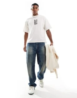 Selected Homme Oversized T-shirt With Small Chest Print In Cream For Men White Sand -Modish Mens Shop 207059200 4