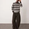 Selected Homme Crew Knitted Jumper In Cream Brown Pattern For Men Chocolate Torte