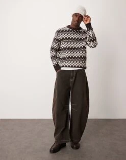 Selected Homme Crew Knitted Jumper In Cream Brown Pattern For Men Chocolate Torte