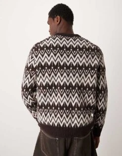 Selected Homme Crew Knitted Jumper In Cream Brown Pattern For Men Chocolate Torte -Modish Mens Shop 207086686 3