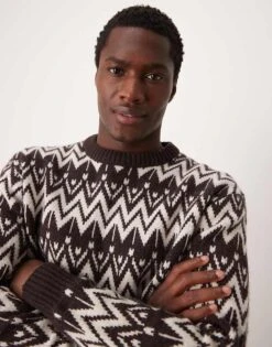Selected Homme Crew Knitted Jumper In Cream Brown Pattern For Men Chocolate Torte -Modish Mens Shop 207086686 4