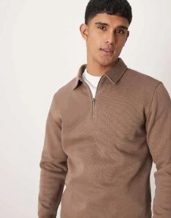 Selected Homme Half Zip Long Sleeve Polo Shirt In Tan For Men Morel -Modish Mens Shop 207086694 1 morel 1