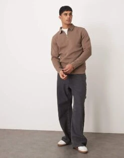 Selected Homme Half Zip Long Sleeve Polo Shirt In Tan For Men Morel -Modish Mens Shop 207086694 3