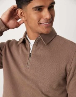 Selected Homme Half Zip Long Sleeve Polo Shirt In Tan For Men Morel -Modish Mens Shop 207086694 4