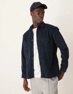 Selected Homme Cord Overshirt In Navy Pin Stripe For Men Sky Captain