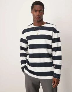 Selected Homme Oversized Boxy Long Sleeve T-shirt In Navy Stripe For Men Sky Captain