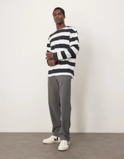 Selected Homme Oversized Boxy Long Sleeve T-shirt In Navy Stripe For Men Sky Captain -Modish Mens Shop 207086889 4