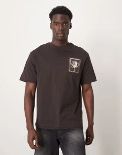 Selected Homme Oversized T-shirt In Brown With Flower Chest Print For Men Chocolate Torte