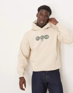 Selected Homme Oversized Hoodie In Beige With Central Print For Men Oatmeal