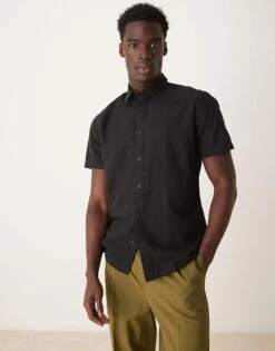Selected Homme Linen Blend Short Sleeve Shirt In Black For Men -Modish Mens Shop 207132668 1 black 1