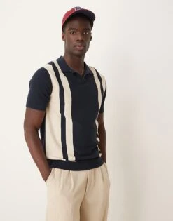 Selected Homme Knitted Polo In Navy With Stripes For Men Sky Captain