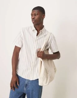 Selected Homme Linen Blend Short Sleeve Shirt In Cream Stripe For Men Cashmeree Stripe -Modish Mens Shop 207132817 1 cashmereestripe 1