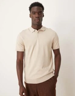Selected Homme Knitted Polo Shirt In Cream For Men Oatmeal