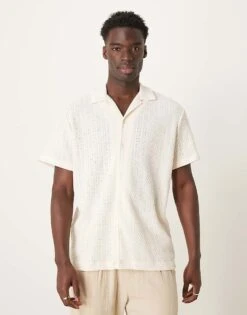 Selected Homme Textured Revere Collar Shirt In Cream For Men Egret