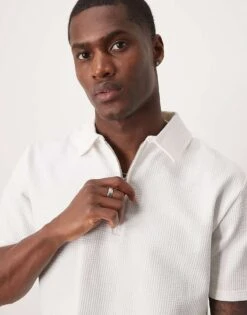 Selected Homme Half Zip Seersucker Polo Shirt In Cream For Men Egret -Modish Mens Shop 207429365 1 egret 1