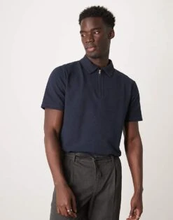 Selected Homme Half Zip Seersucker Polo Shirt In Navy For Men Sky Captain