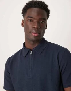 Selected Homme Half Zip Seersucker Polo Shirt In Navy For Men Sky Captain -Modish Mens Shop 207429442 4