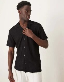 Selected Homme Textured Revere Collar Shirt In Black For Men -Modish Mens Shop 207429504 1 black 1