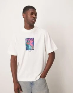 Selected Homme Oversized T-shirt With Chest Print In Cream For Men Egret