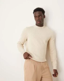 Selected Homme Knitted Crew Neck Jumper In Cream For Men Oatmeal
