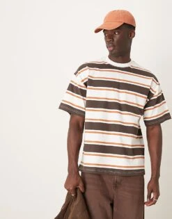 Selected Homme Oversized Heavy Weight T-shirt In Cream Tan Brown Stripe For Men Multi -Modish Mens Shop 207870896 1 multi 1